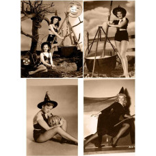 4 Halloween heksen - 40er jaren - sepia -A4 zelfklevend
